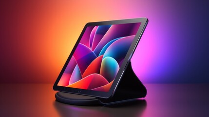 A sleek tablet computer rests on a wooden table