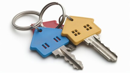 house keys with houseshaped keychain isolated on white background cut out photo