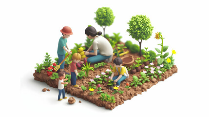 3D Flat Icon of Family Gardening Together Planting Flowers and Vegetables in Isometric Scene   Enjoying a Relaxing Day Outdoors