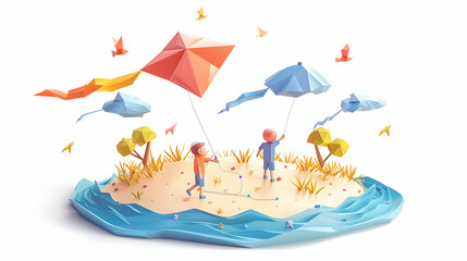 Isometric 3D Flat Icons: Family Kite Flying at Beach, Breezy Day of Togetherness and Fun