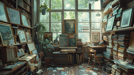An artist's studio filled with natural light, stacked canvases, paintbrushes, and a vintage drafting table, capturing the essence of creativity.