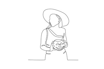 One continuous line drawing of Woman wearing witch outfit holding halloween pumpkin. Minimalism concept one line draw graphic design vector illustration
