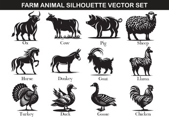 12 Farm Animal Silhouette Vector Illustration Set