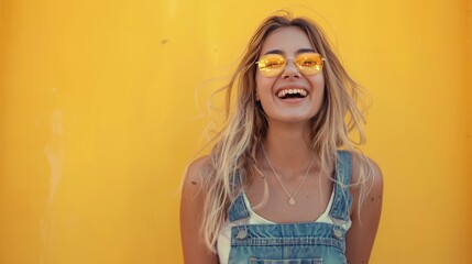 Woman Wearing Yellow Sunglasses in Front of Yellow Wall - obrazy, fototapety, plakaty
