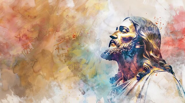 jesus christ in worshipful pose abstract watercolor background with ample copy space spiritual digital artwork
