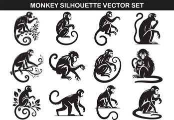 Monkey Silhouette Vector Illustration Set