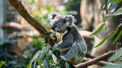 Fototapeta premium koala bear sitting on tree branch eating eucalyptus leaves 4k wildlife wallpaper