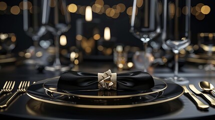luxurious fine dining table setting elegant wedding invitation mockup black and gold color scheme wide banner format