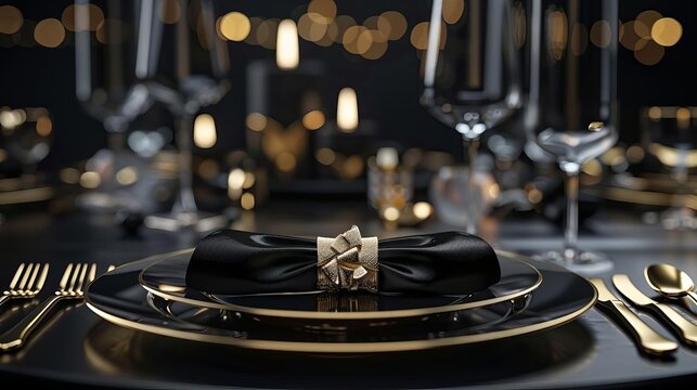 luxurious fine dining table setting elegant wedding invitation mockup black and gold color scheme wide banner format