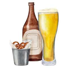 Hand-drawn watercolor illustration bottle of beer with empty glass for beer and snack bucket of  pretzels