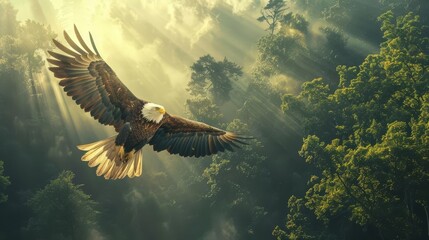 majestic eagle soaring over lush forest landscape sunbeams filtering through branches realistic digital painting