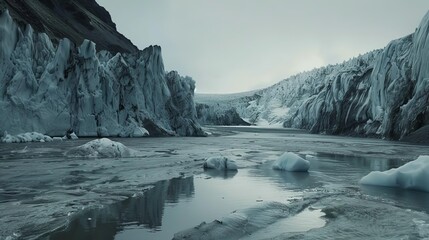 majestic glacier standing tall glistening ice surface melting into flowing rivers panoramic landscape