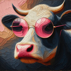 A cow in glasses. Painting on canvas.