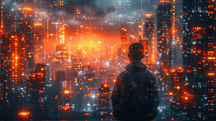a man looking outside down from a building glass wall, a city view at night with lights on cloudy high rise buildings at night  