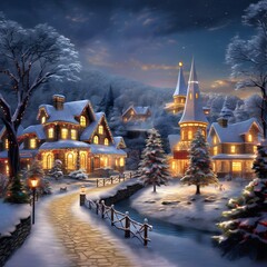 Beautiful winter night landscape with snow-covered houses in the village