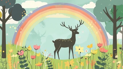 cartoon deer on a rainbow background.