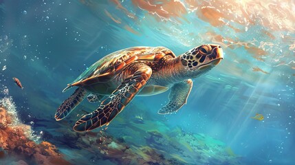 Obraz premium majestic sea turtle gracefully gliding through tranquil ocean waters underwater wildlife digital illustration
