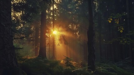 majestic sunset filtering through dense forest enchanting woodland landscape 4k wallpaper