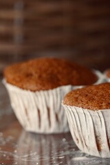 Homemade vegan cupcakes up close. Ketogenic, sugar-free, dairy-free and gluten-free diet. Healthy breakfast.
