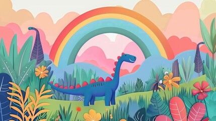 Obraz premium cartoon dinosaur on a rainbow background.