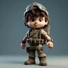 3D Render of a Little Boy with a helmet and military uniform