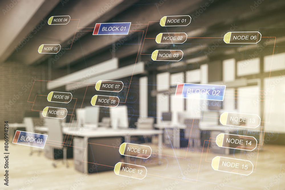 Aufkleber double exposure of abstract programming language interface on modern corporate office background, re