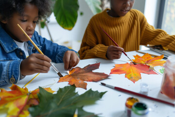African-American children are drawing with paint autumn leaves. 