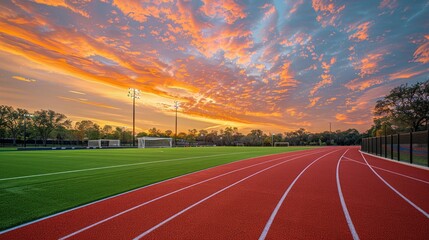 Wide angle of a multi-sport complex featuring a striking red running track and adjacent soccer...