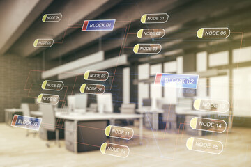 Double exposure of abstract programming language interface on modern corporate office background,...
