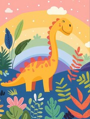 cartoon dinosaur on a rainbow background.