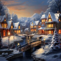 Winter village with houses and bridge over the river at night, 3d render