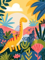 cartoon dinosaur on a rainbow background.