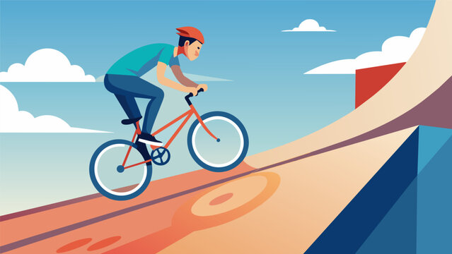 On a sunny afternoon a BMX rider effortlessly glides up and down the walls of a steel halfpipe practicing their balancing skills and control.. Vector illustration