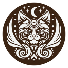 Black and white  illustration on the theme of mystic and esoteric. Head of cat and decorative elements in a circle