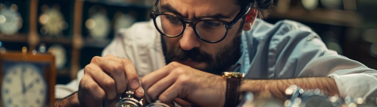 A charismatic closeup portrait of a watchmaker meticulously repairing a vintage timepiece, half body colorful strange bizarre sharpen blur background with copy space