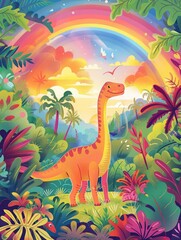 cartoon dinosaur on a rainbow background.