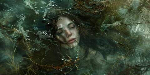 Mysterious and serene image of a woman's face partially submerged in water with her hair spread around