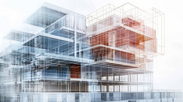 A translucent architectural blueprint superimposed on a multi-story modern building, showcasing design and structure.