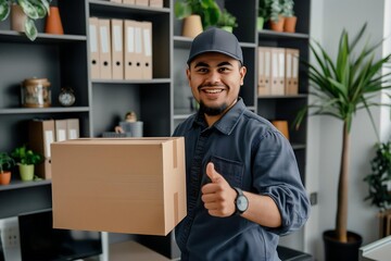 Diverse Mexican delivery worker smiling holding cardboard box parcel in office thumbs up gesture, eshop concept