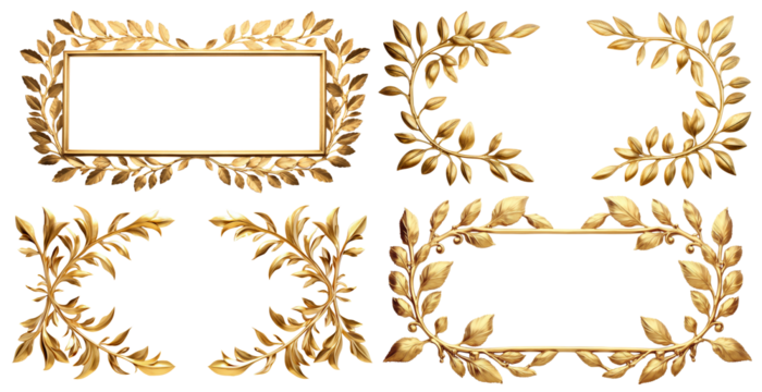 Set of elegant golden frames adorned with golden leaves, cut out