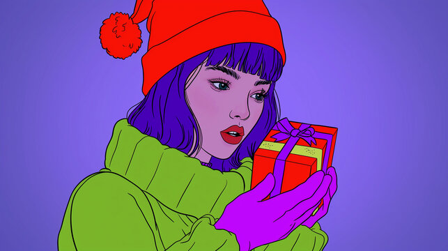 Illustration of a young woman in a Christmas hat holding a gift box, captured in a vibrant, pop art style.