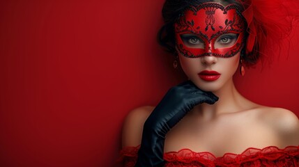 An enchanting portrait of an elegant woman dressed in a dazzling Venetian mask, decorated with feathers, opposite the vintage of a red background. It exudes mystery and celebration. The concept of a 