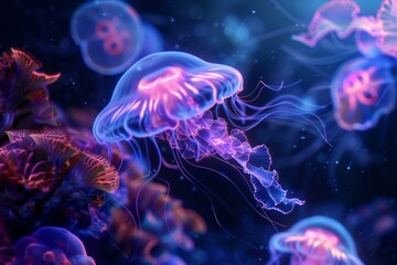 Obraz premium jellyfish underwater glows floating ocean sea