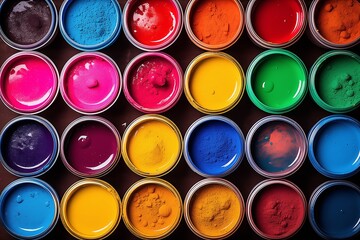 Image of an organized array of open paint cans revealing a variety of bright colors, showcasing a spectrum of pigments