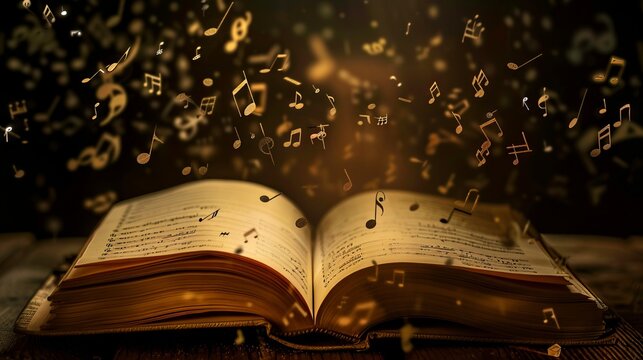 A book with music notes flying out of it.