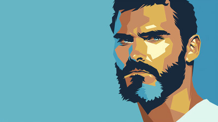 Stylized portrait of a bearded young man in a minimalistic vector illustration style against a blue background.