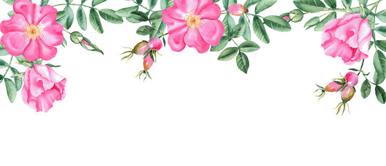 Dog rose banner with pink flowers, berries and branches. Watercolor horizontal frame, border. Hand drawn illustration. Perfect as a web banner, card and invitation template, for romantic design.