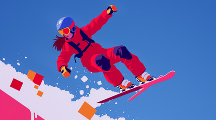 A stylized illustration of a professional skier in mid-jump against a vibrant blue background with dynamic snow spray.