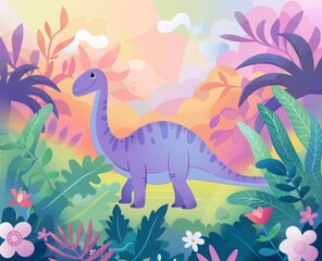 cartoon dinosaur on a rainbow background.