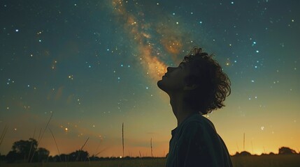 Man Gazing at Stars in Night Sky